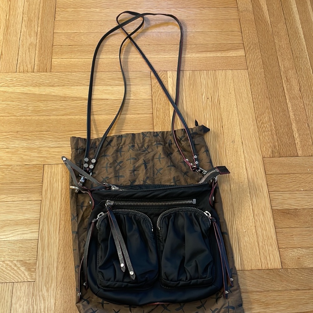 MZ Wallace Sophie double strap crossbody bag black nylon w/ red accents